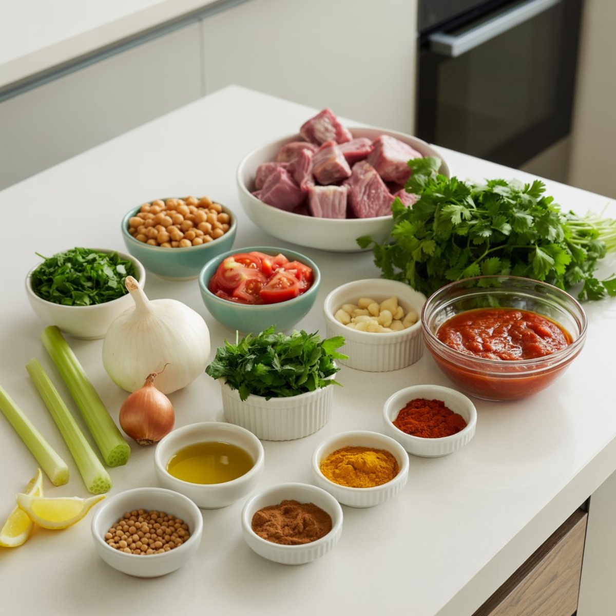 Fresh ingredients for authentic Moroccan harira soup with chickpeas, lentils, tomatoes, and spices on white kitchen counter