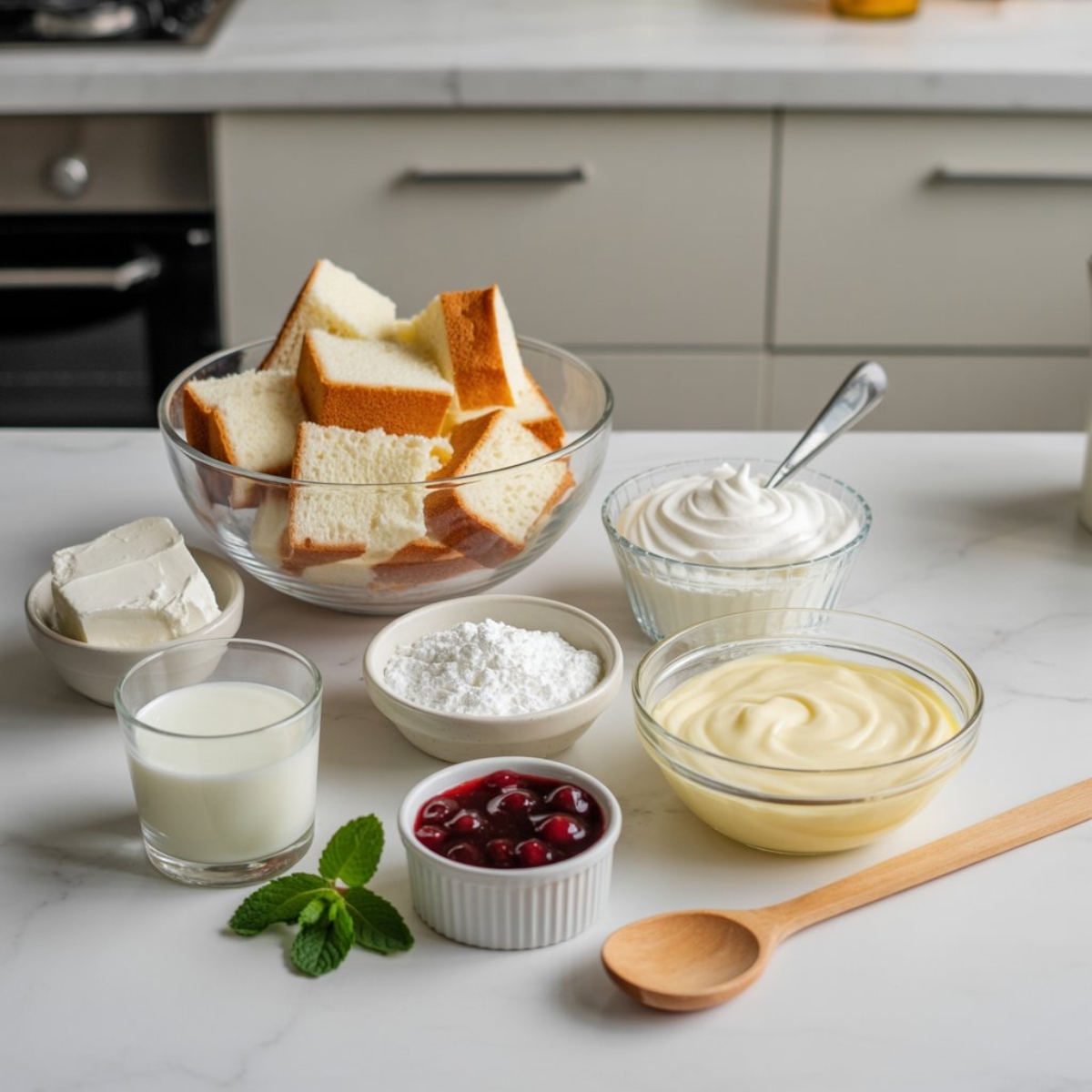 heaven on earth cake ingredients in bowls on white kitchen counter