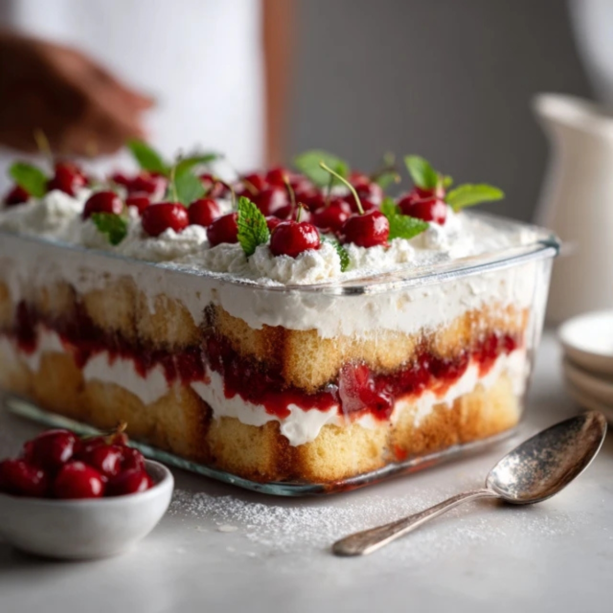 heaven on earth cake with layers of angel food cake pudding and cherries on white kitchen counter