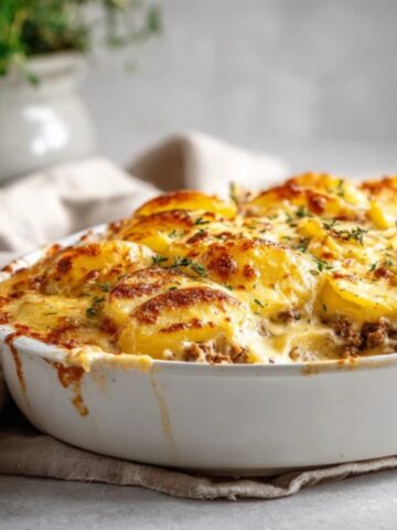 Homemade hobo casserole with ground beef, potatoes, and melted cheese on a white kitchen counter