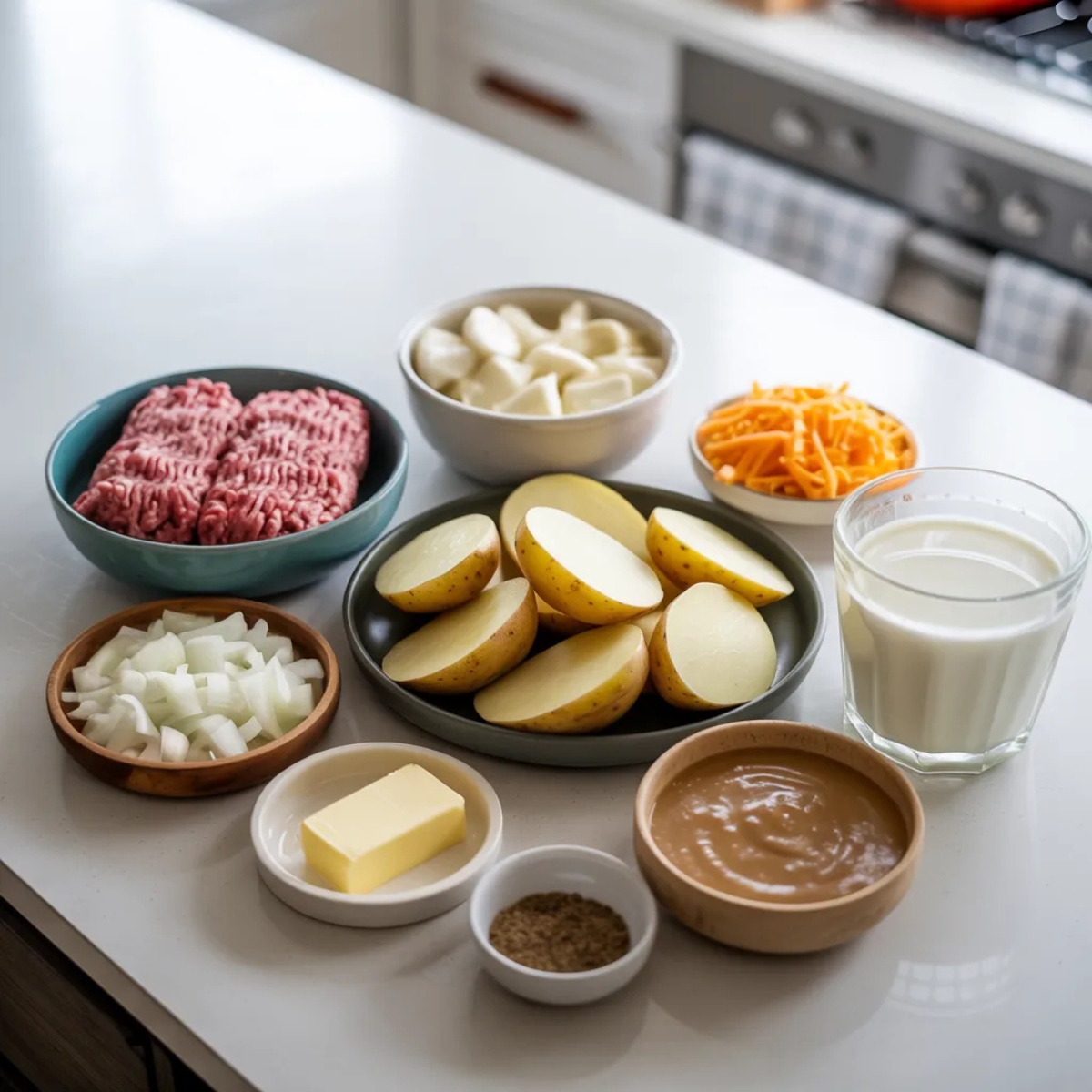 Ingredients for hobo casserole including ground beef, potatoes, cheese, onion, and cream of mushroom soup