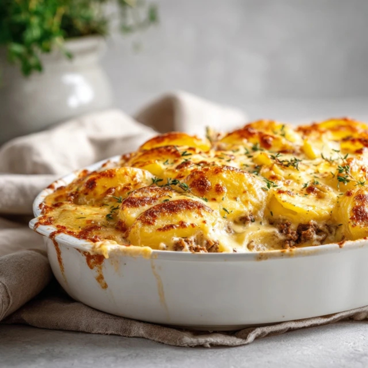 Homemade hobo casserole with ground beef, potatoes, and melted cheese on a white kitchen counter