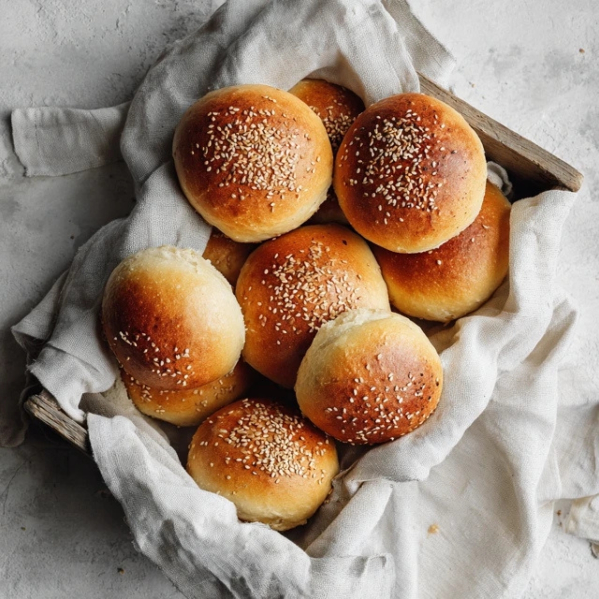 Homemade golden burger buns on a white kitchen counter
