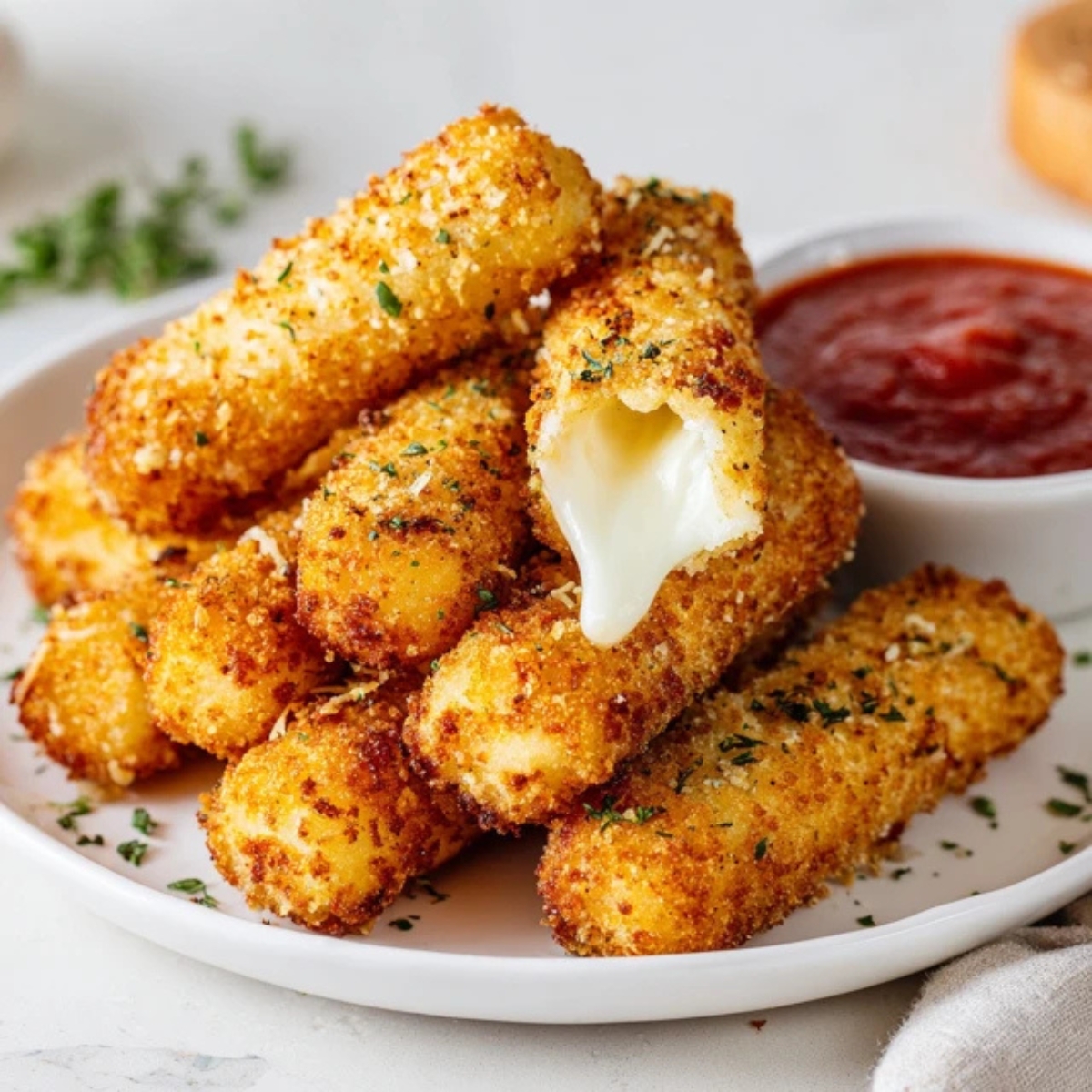 Homemade crispy mozzarella sticks with gooey cheese pull and marinara dip