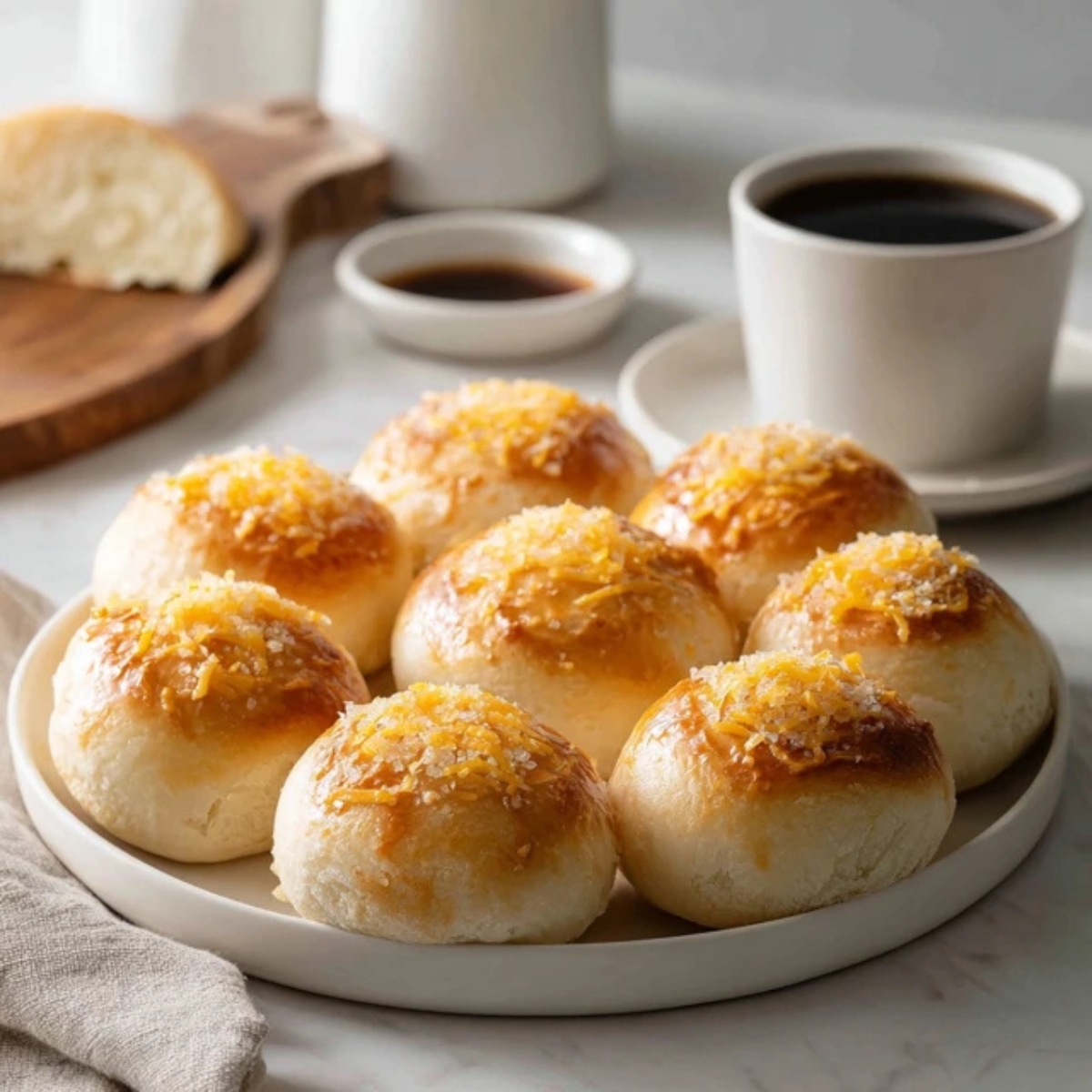 Soft homemade ensaymada bread with butter and cheese on white kitchen counter