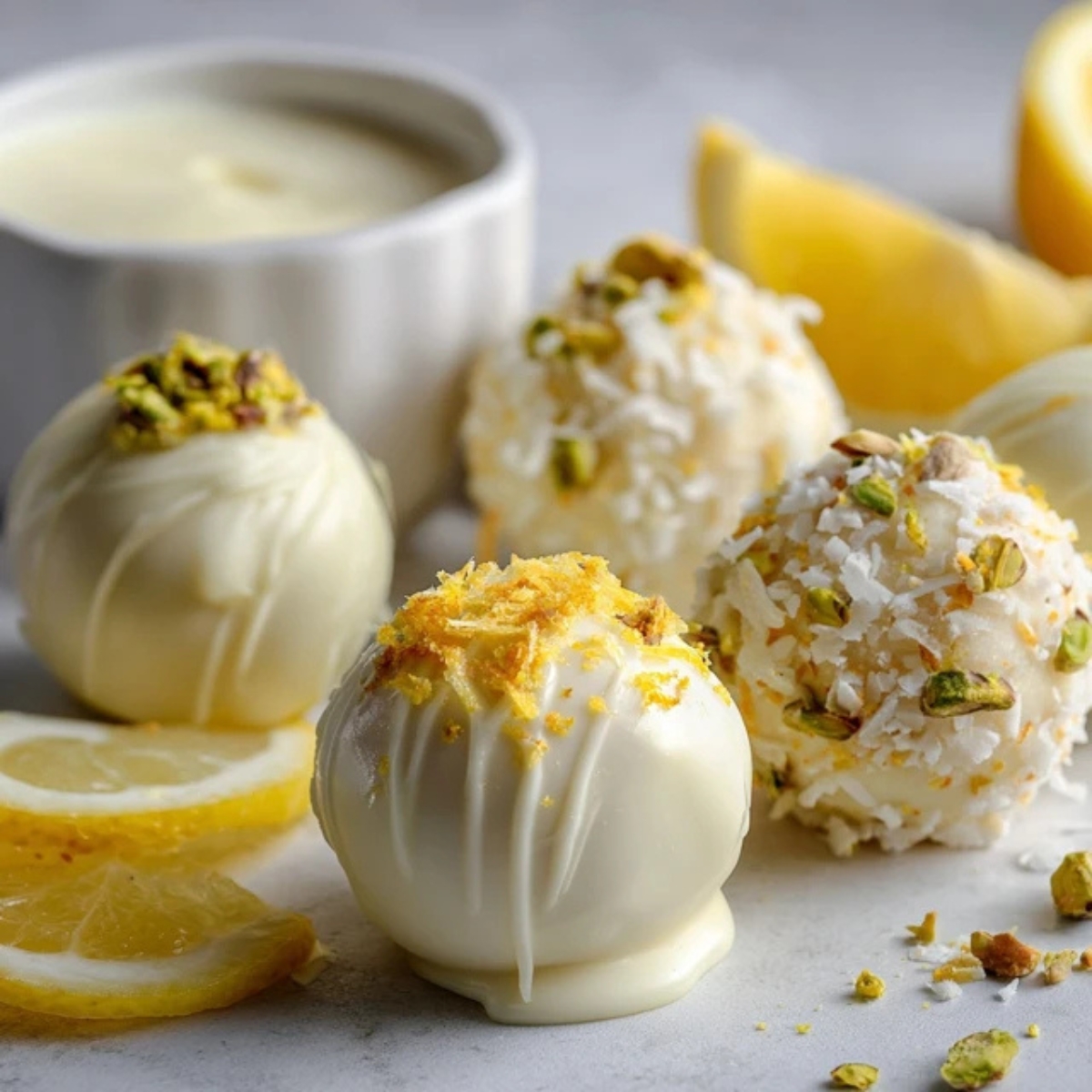 Homemade lemon truffles with white chocolate and lemon zest on a kitchen counter