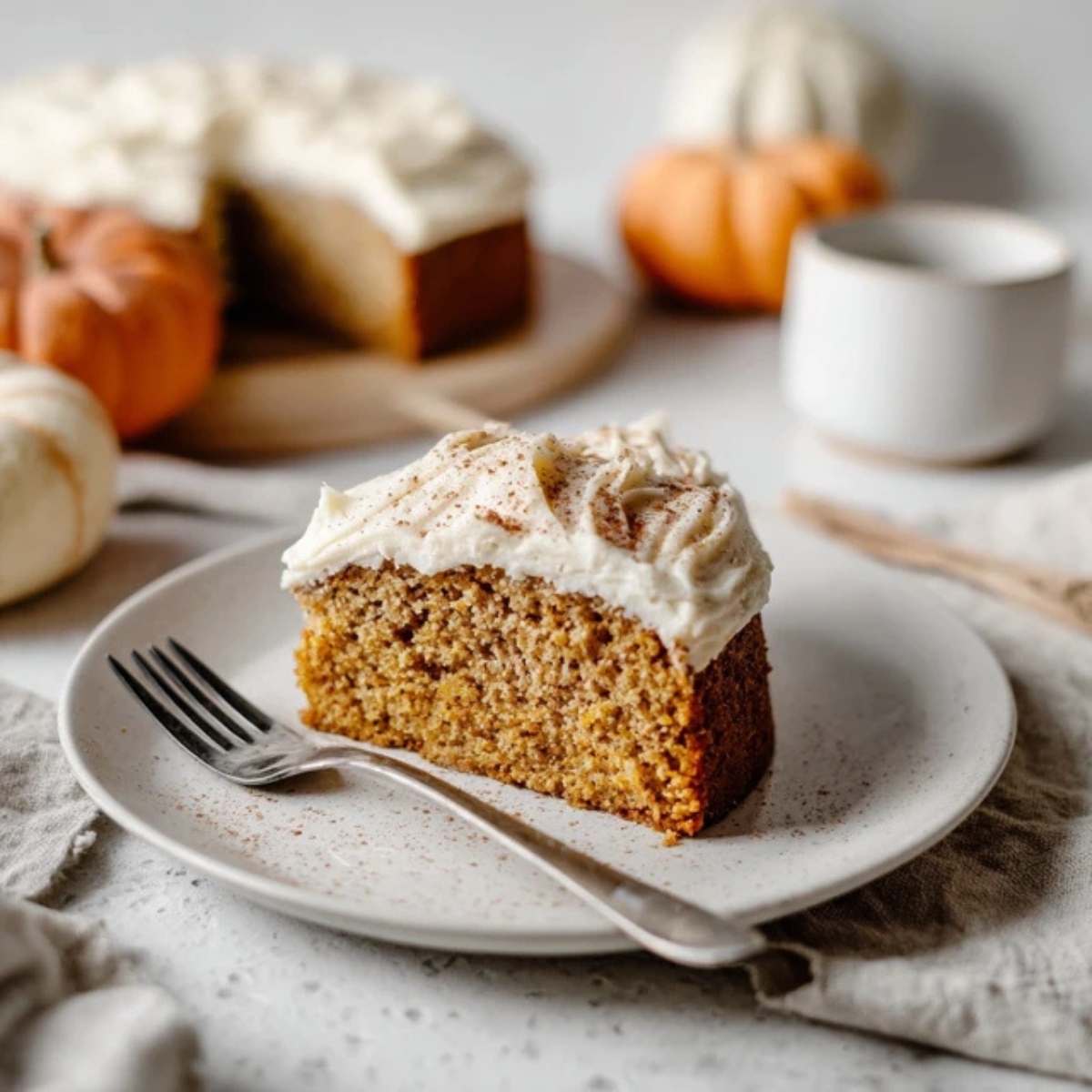 Homemade pumpkin cake with cream cheese frosting on white kitchen counter