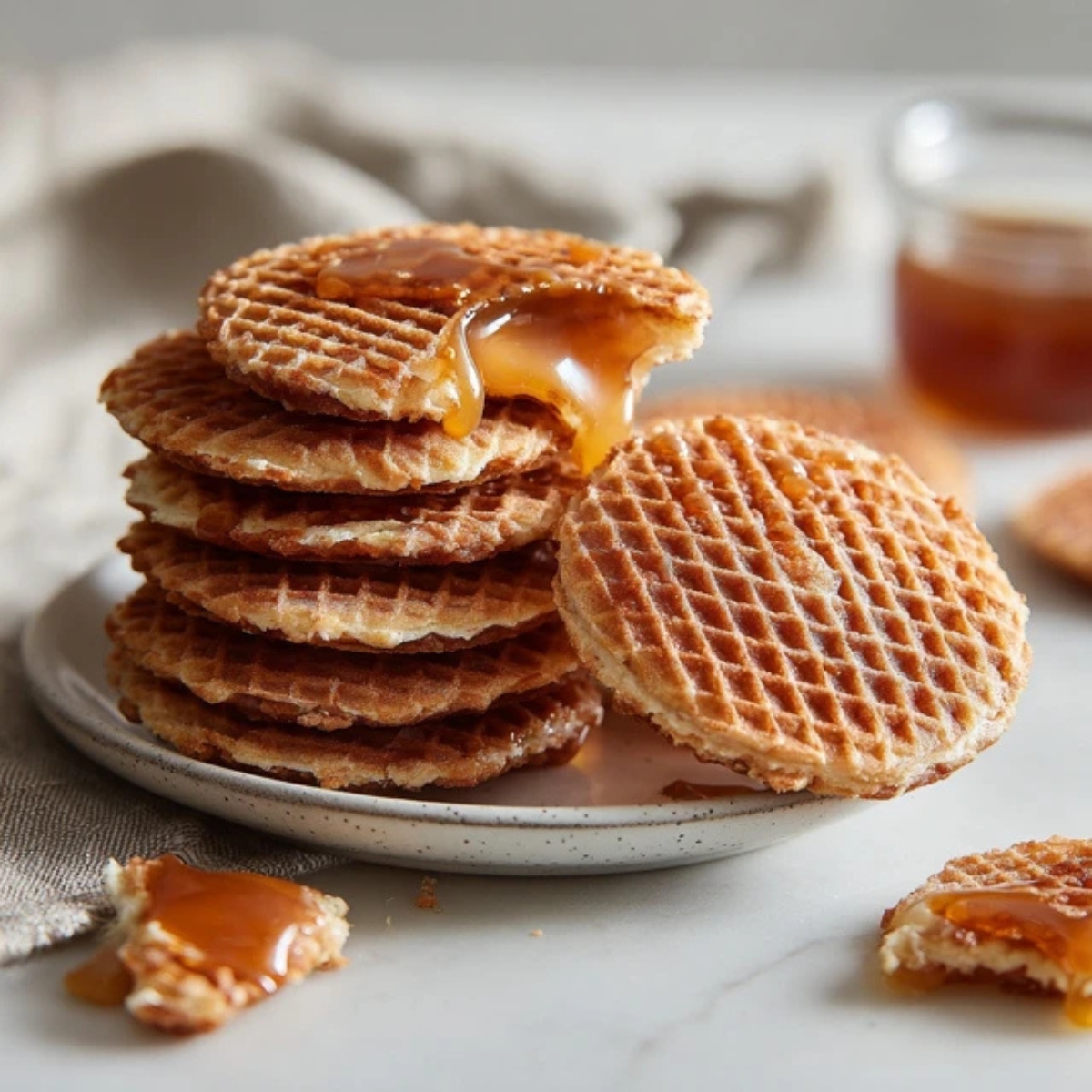 Homemade stroopwafels with gooey caramel filling on white kitchen counter