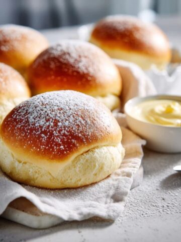 homemade vanilla cream buns with creamy custard filling on white kitchen counter