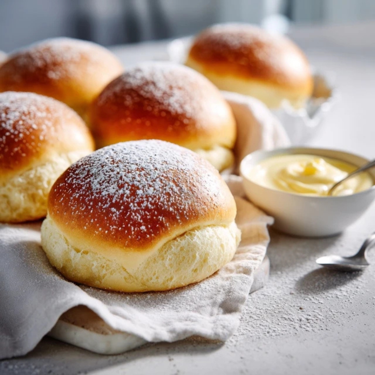 homemade vanilla cream buns with creamy custard filling on white kitchen counter