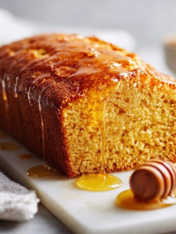 Moist golden honey cake with honey glaze on white kitchen counter