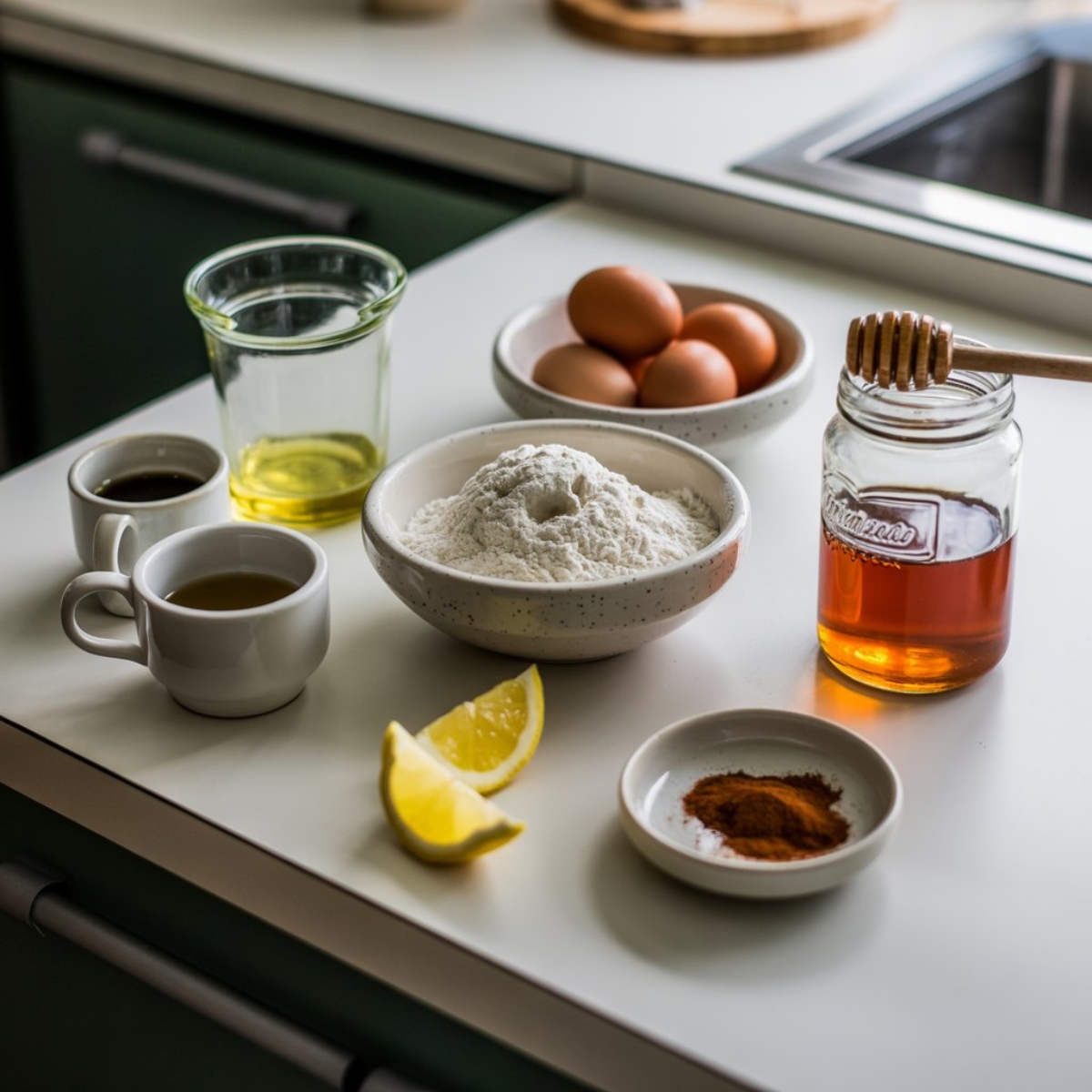 Honey cake ingredients including honey, flour, eggs, and lemon zest on white counter