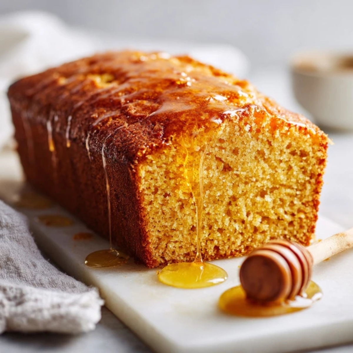 Moist golden honey cake with honey glaze on white kitchen counter