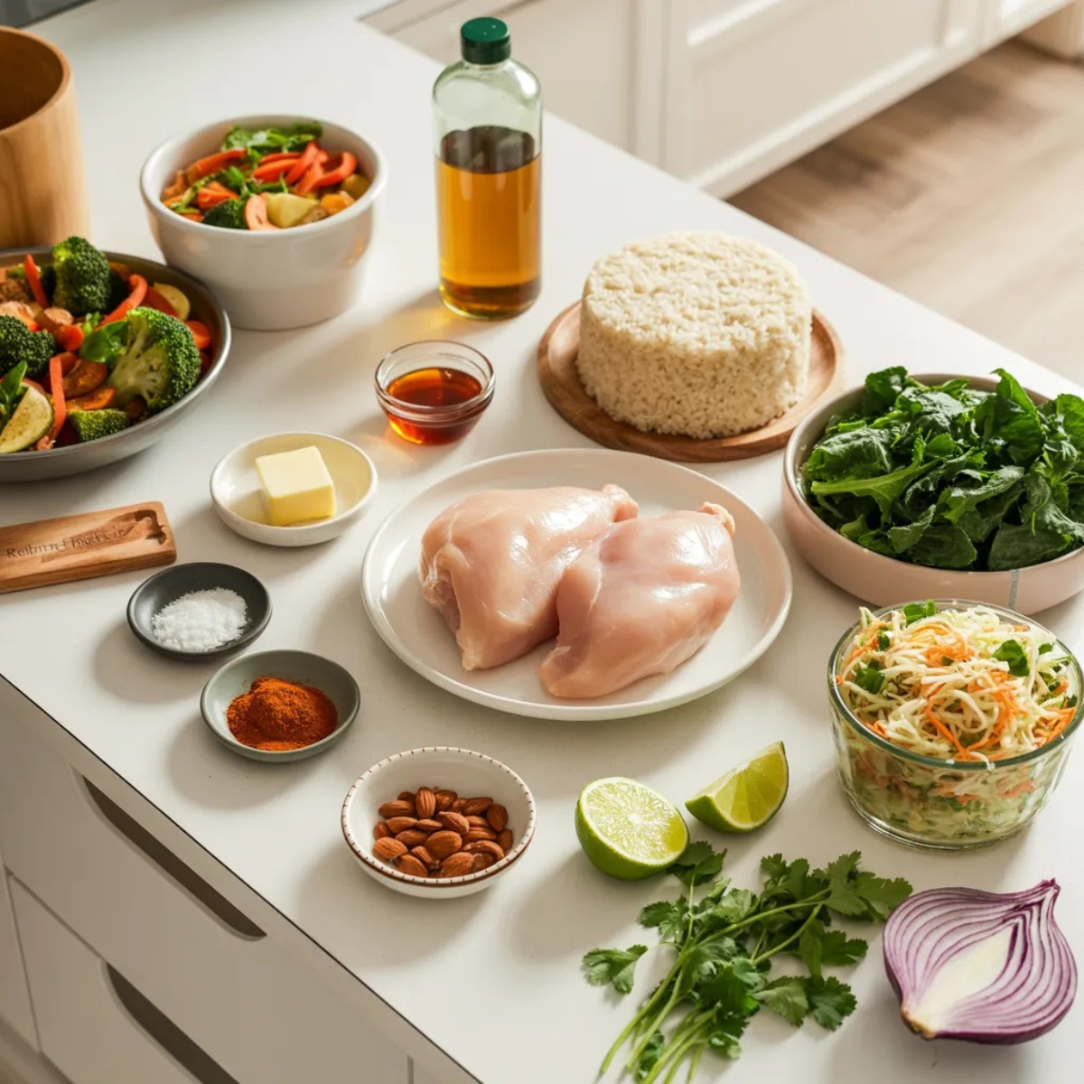 Hot Honey Chicken Bowl ingredients in small bowls on white kitchen counter