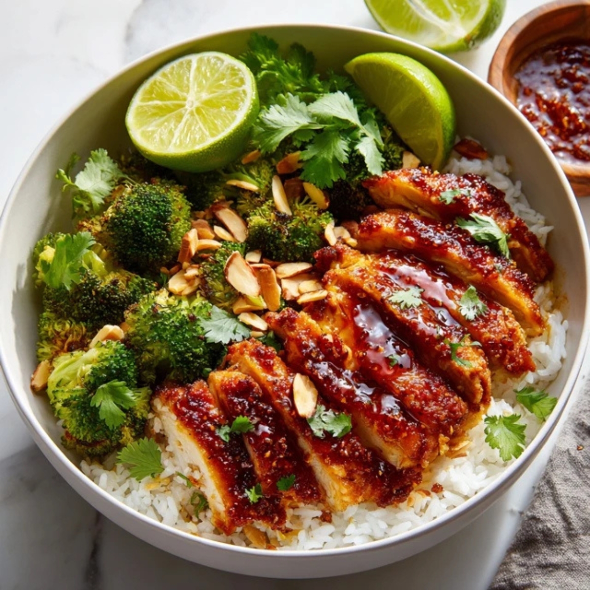 Hot Honey Chicken Bowl with rice and vegetables on white kitchen counter