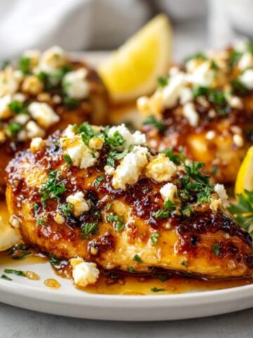 Hot honey feta chicken with caramelized glaze and feta crumble on white plate