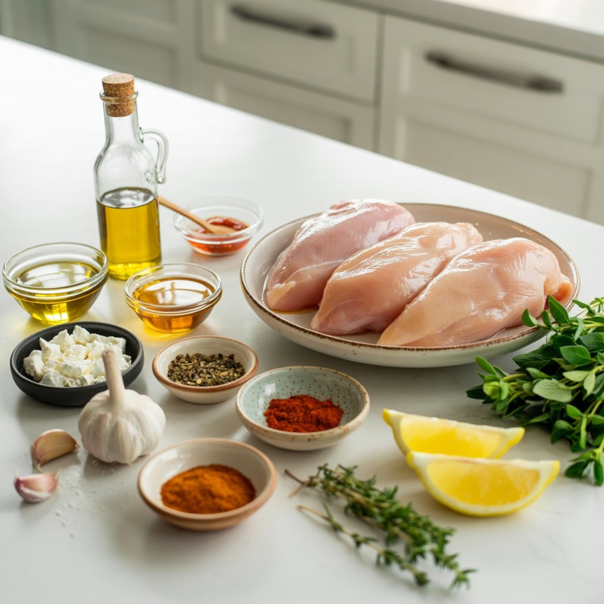 Hot honey feta chicken ingredients flat lay on white kitchen counter