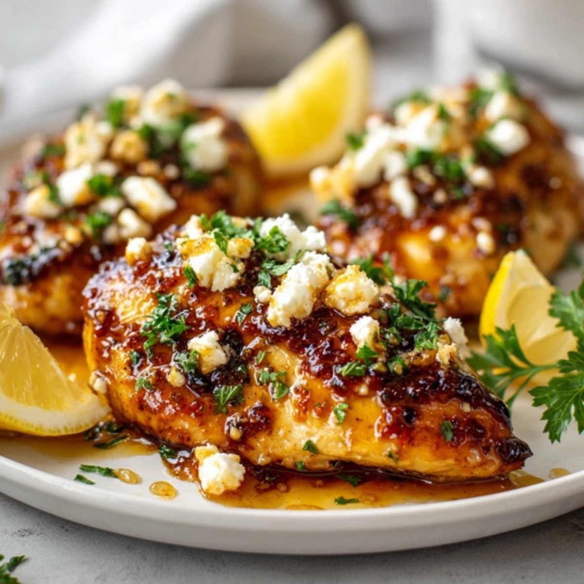 Hot honey feta chicken with caramelized glaze and feta crumble on white plate