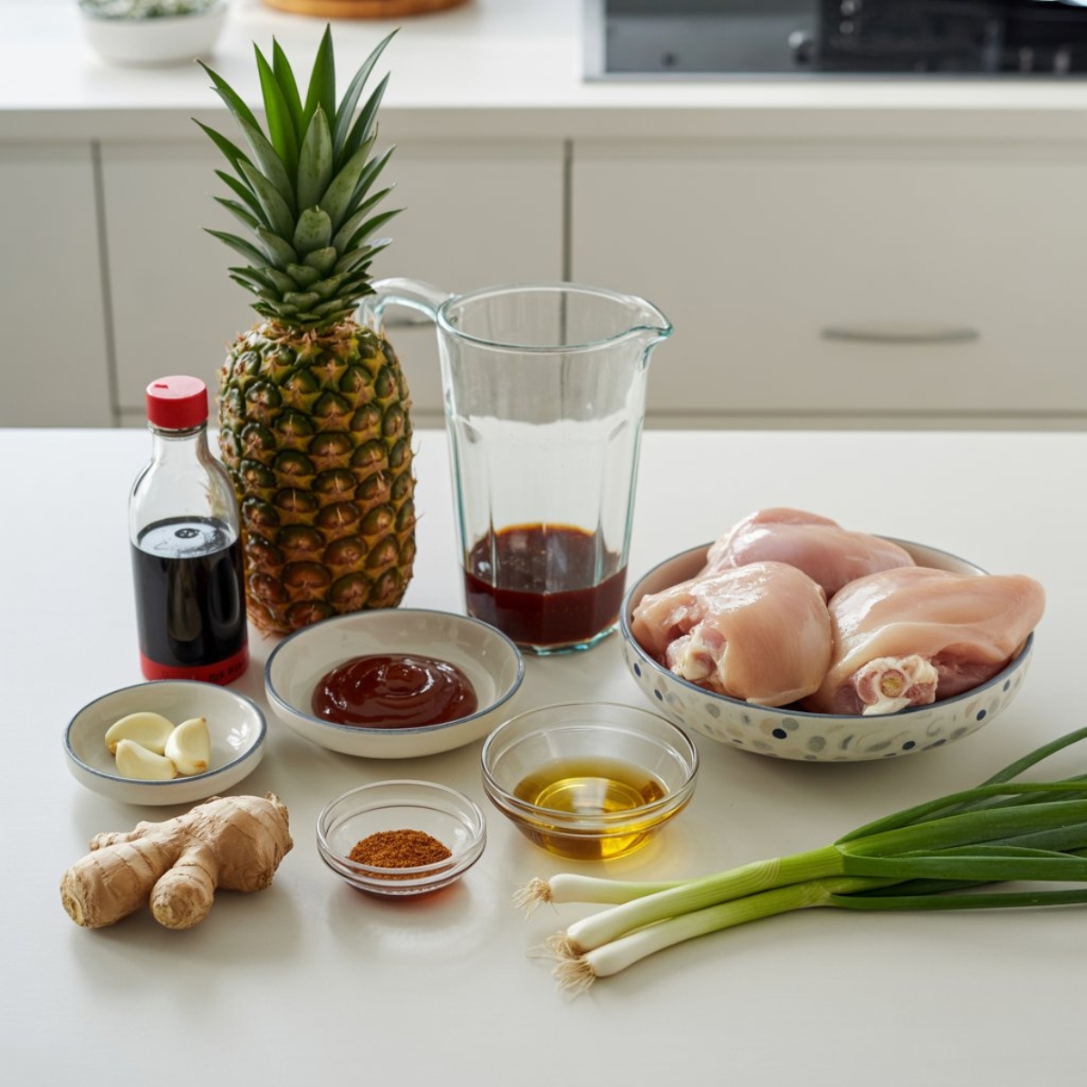 Fresh unbranded Huli Huli Chicken ingredients on white kitchen counter