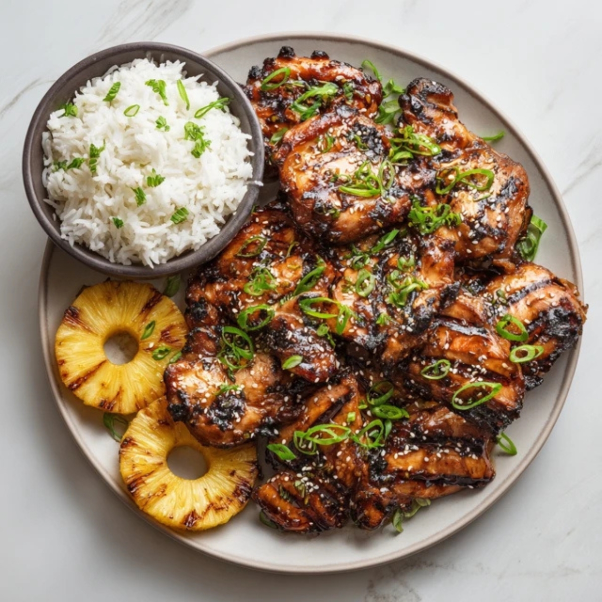 Hawaiian Huli Huli Chicken with pineapple and rice on white kitchen counter