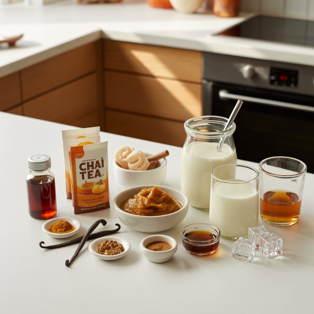 Ingredients for homemade iced pumpkin cream chai tea latte arranged on a white counter