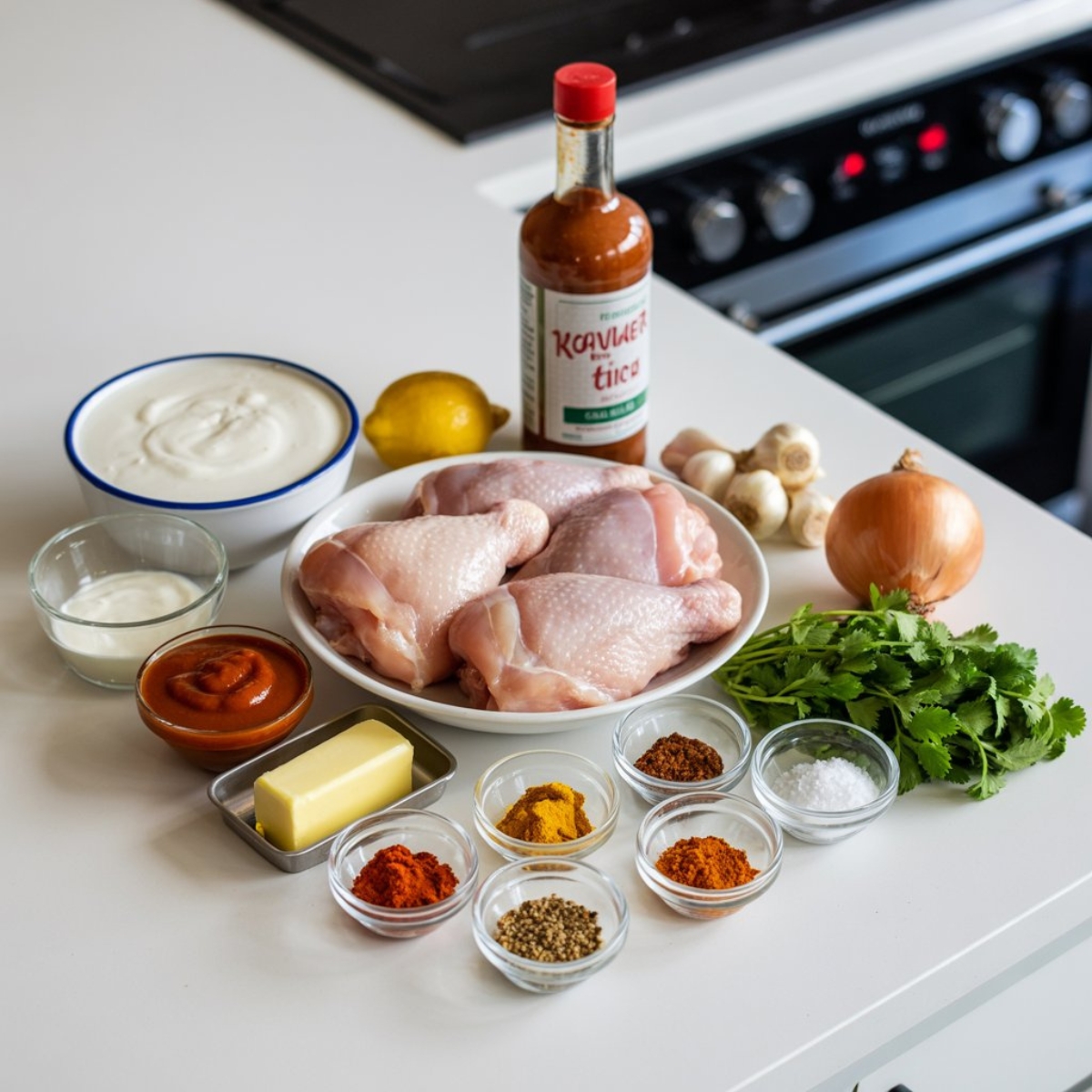 Instant Pot butter chicken ingredients arranged on white kitchen counter