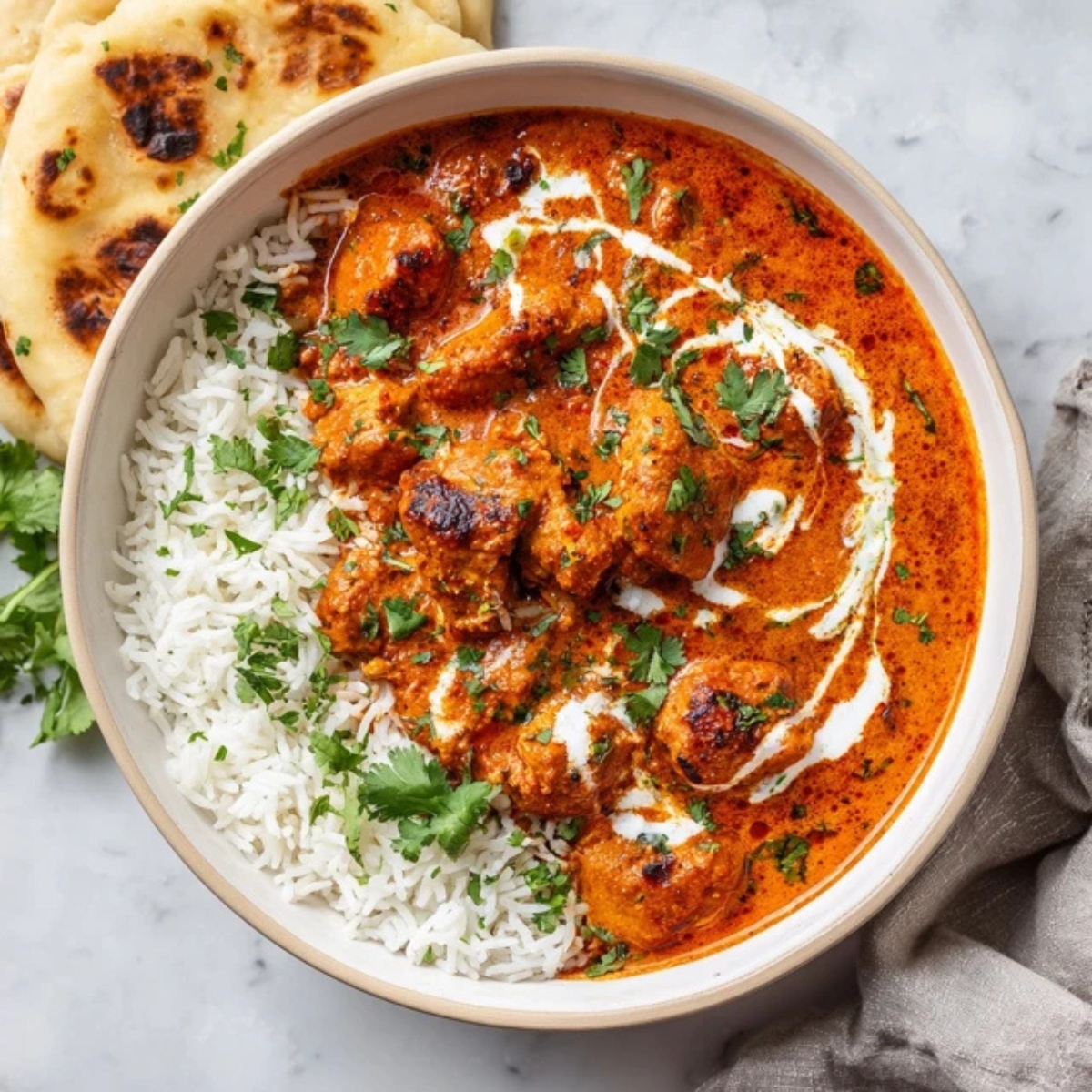 Creamy Instant Pot butter chicken with rice and naan on white kitchen counter