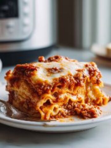 Cheesy Instant Pot lazy lasagna served on a white plate with rich tomato sauce and melted mozzarella