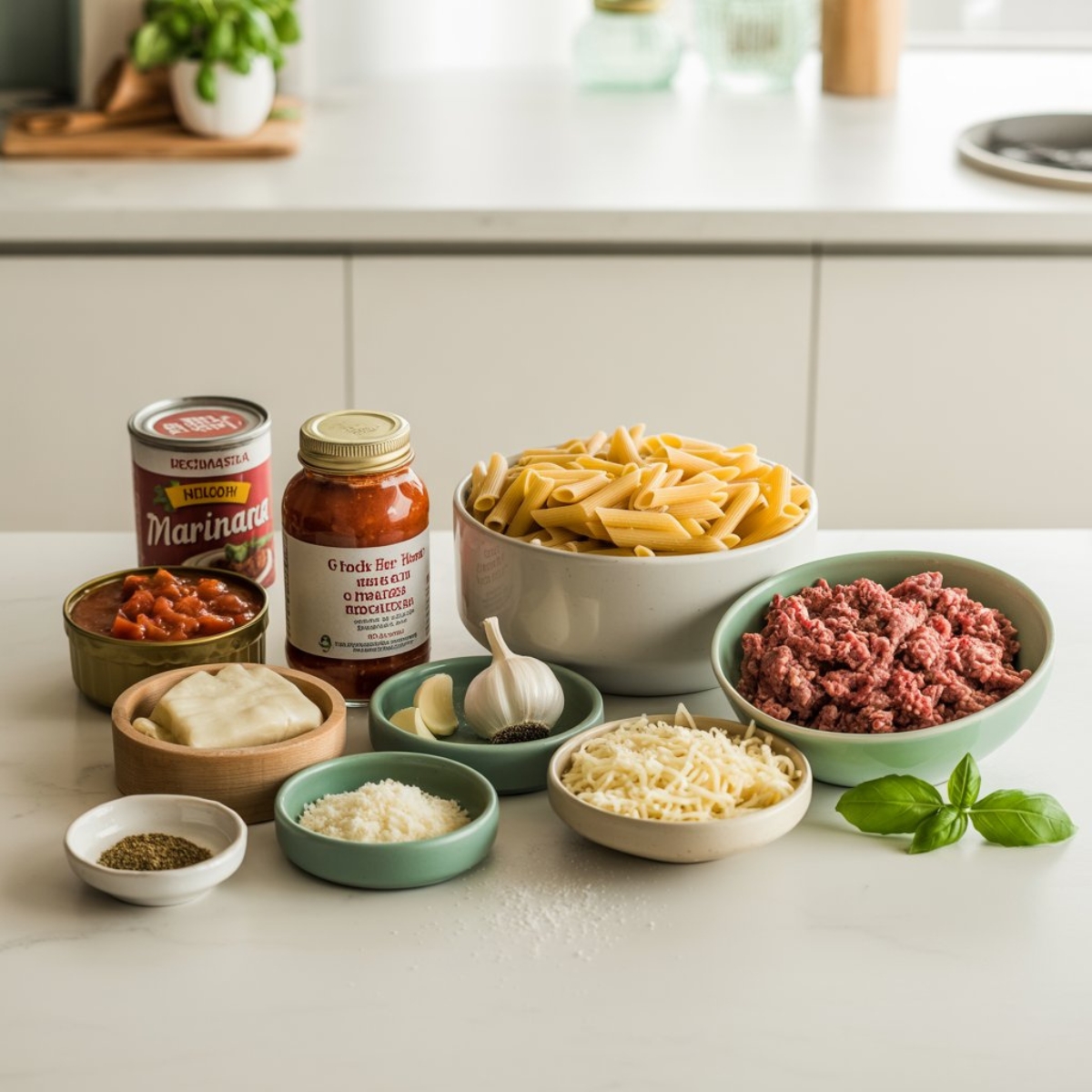 Ingredients for Instant Pot lazy lasagna with pasta, cheese, marinara, and herbs on a white counter