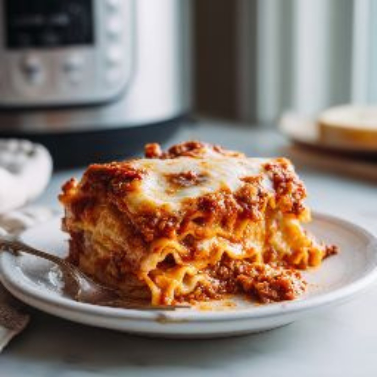 Cheesy Instant Pot lazy lasagna served on a white plate with rich tomato sauce and melted mozzarella