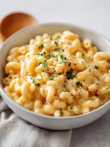 creamy instant pot mac and cheese in a white bowl on kitchen counter