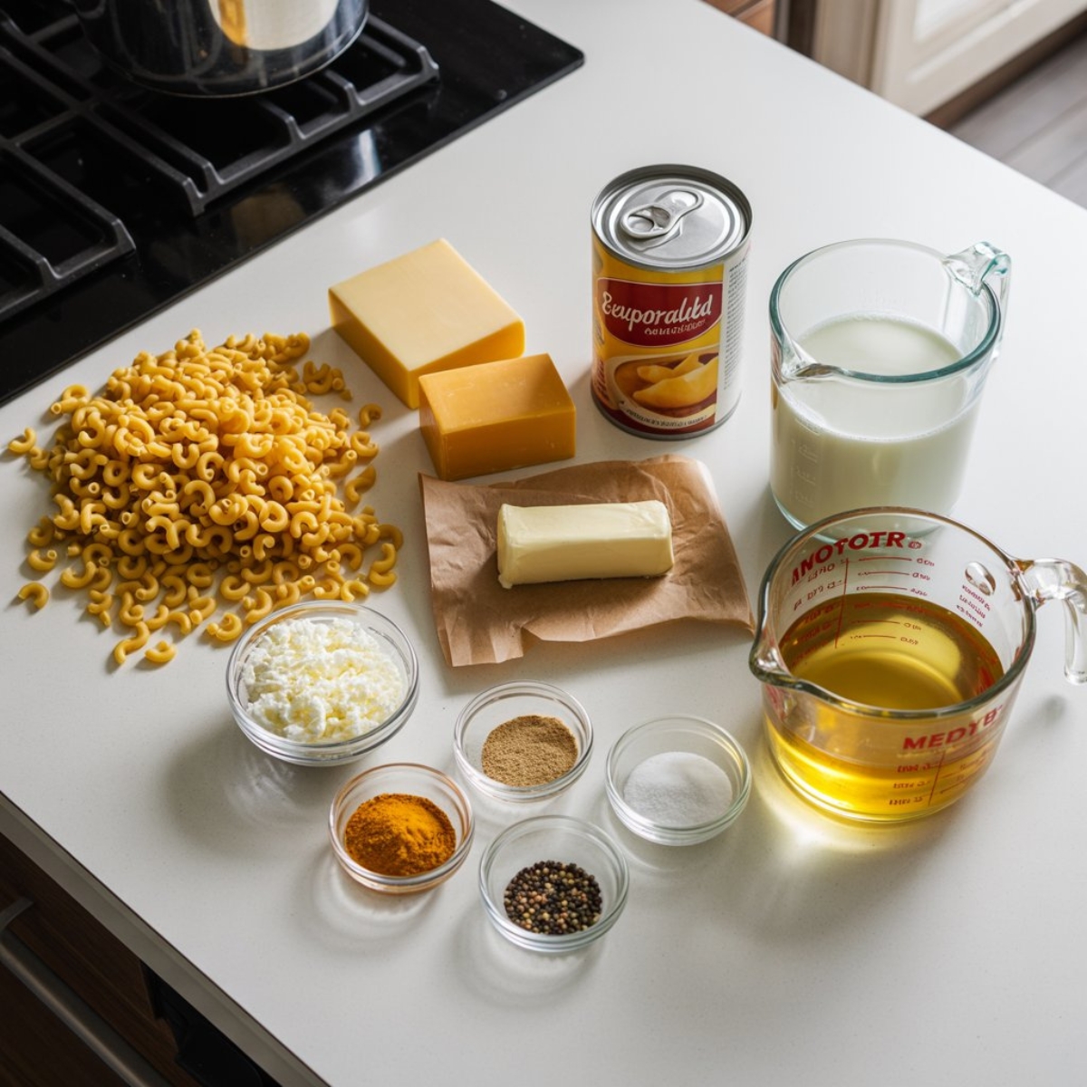 Ingredients for instant pot mac and cheese arranged on white kitchen counter