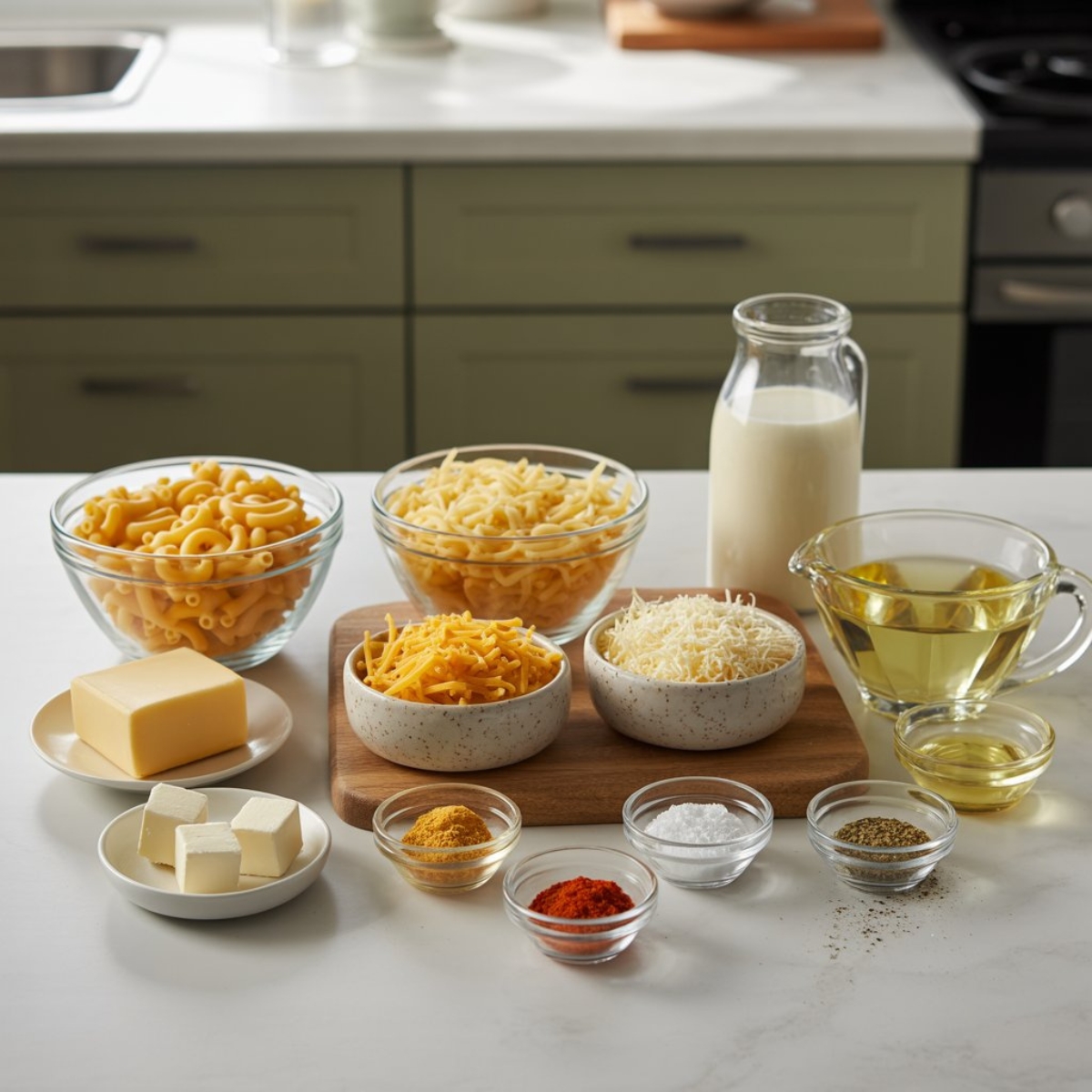 ingredients for instant pot mac and cheese on white kitchen counter