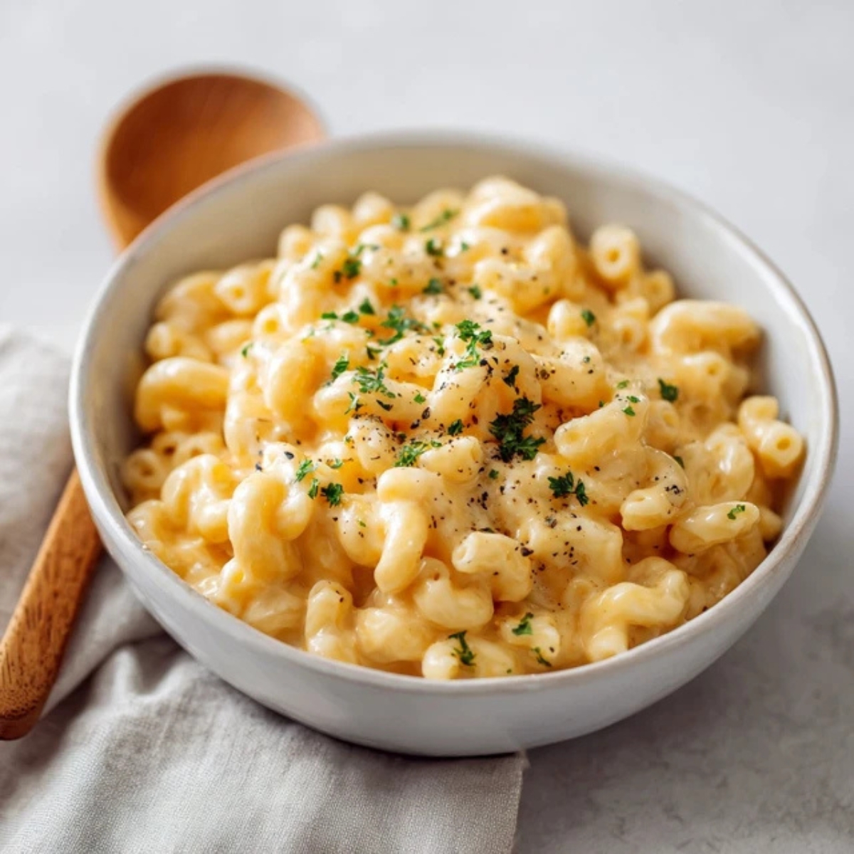 creamy instant pot mac and cheese in a white bowl on kitchen counter