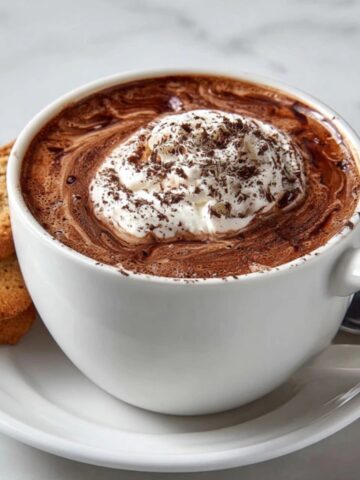 Thick Italian hot chocolate in a white mug topped with whipped cream and cocoa powder