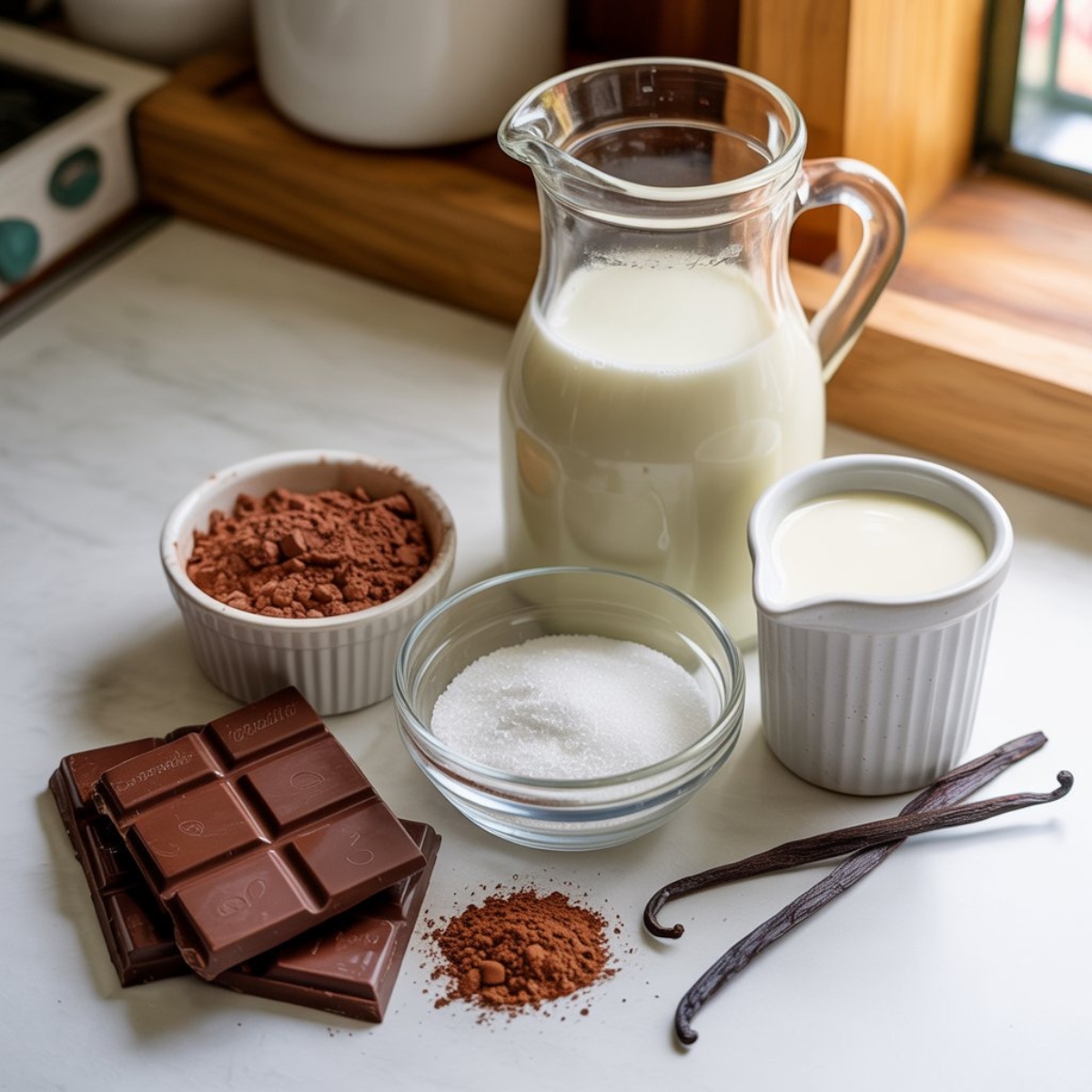 Ingredients for Italian hot chocolate including dark chocolate, cocoa, milk, and cream