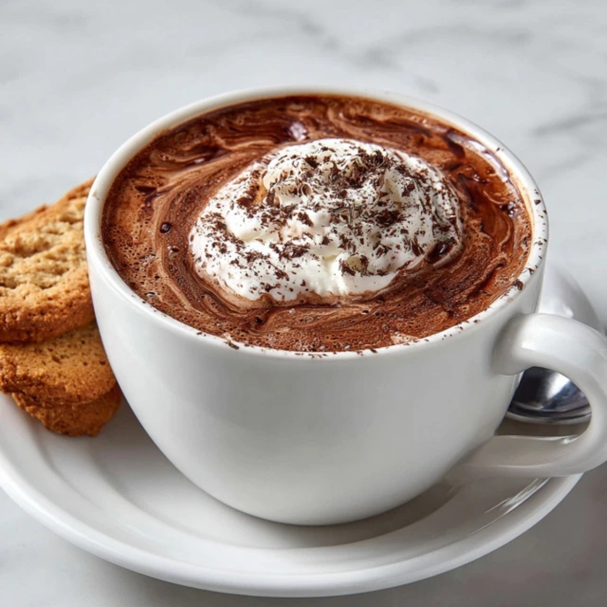 Thick Italian hot chocolate in a white mug topped with whipped cream and cocoa powder