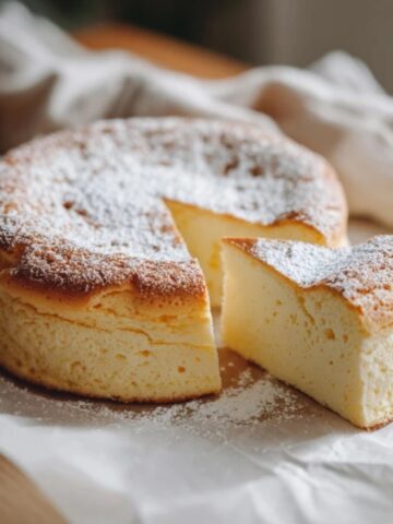 Fluffy homemade Japanese cheesecake with golden top on white kitchen counter