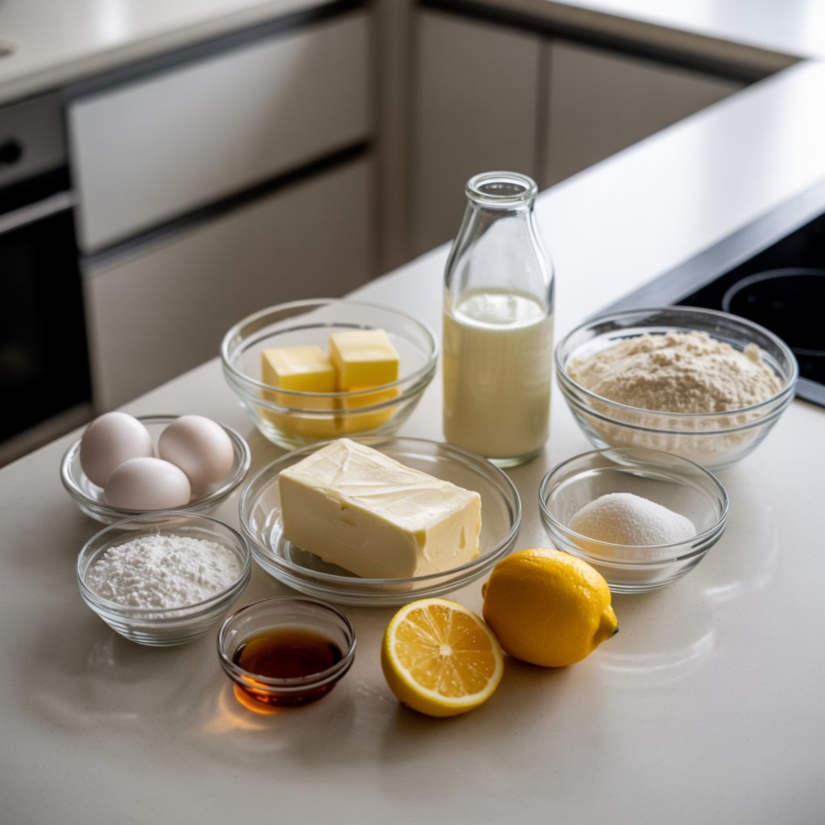 Japanese cheesecake ingredients including cream cheese, eggs, sugar, and milk on white kitchen counter