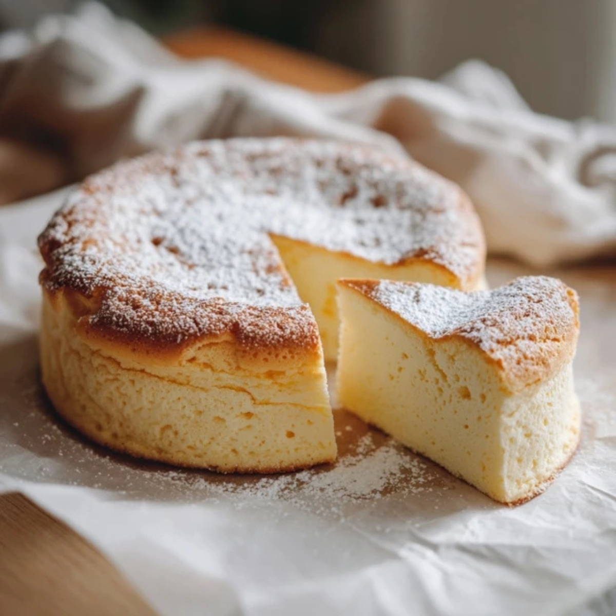 Fluffy homemade Japanese cheesecake with golden top on white kitchen counter