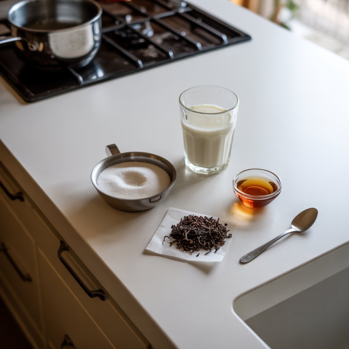 Ingredients for Japanese royal milk tea with black tea, milk, and honey on a white counter