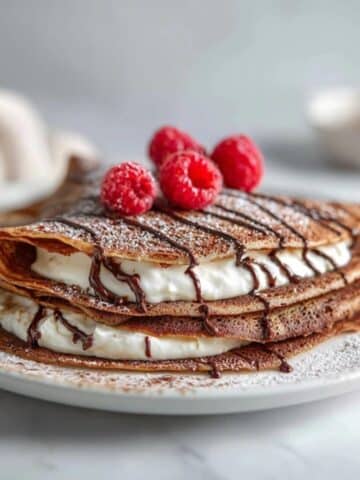 Keto chocolate crepes with cream cheese filling and chocolate drizzle on white counter