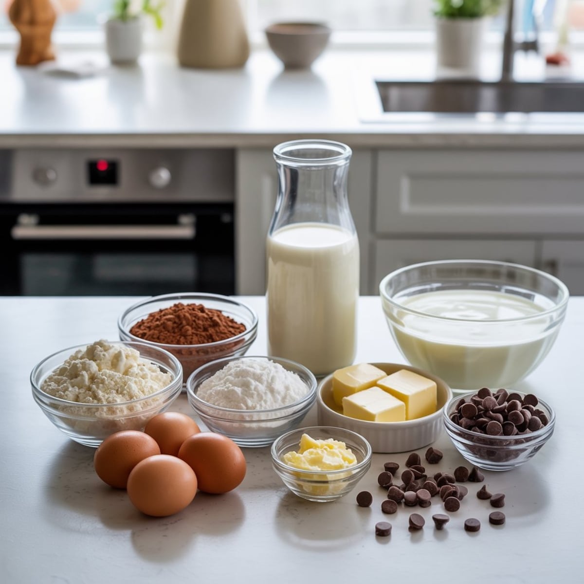 Keto chocolate crepes ingredients flat lay on white kitchen counter