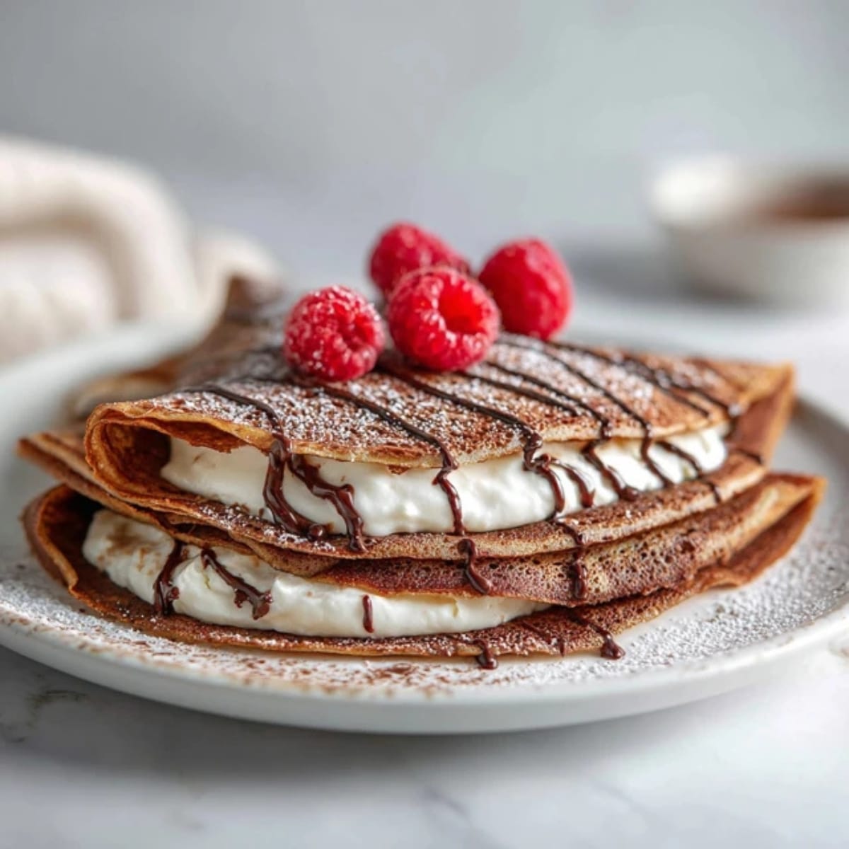 Keto chocolate crepes with cream cheese filling and chocolate drizzle on white counter
