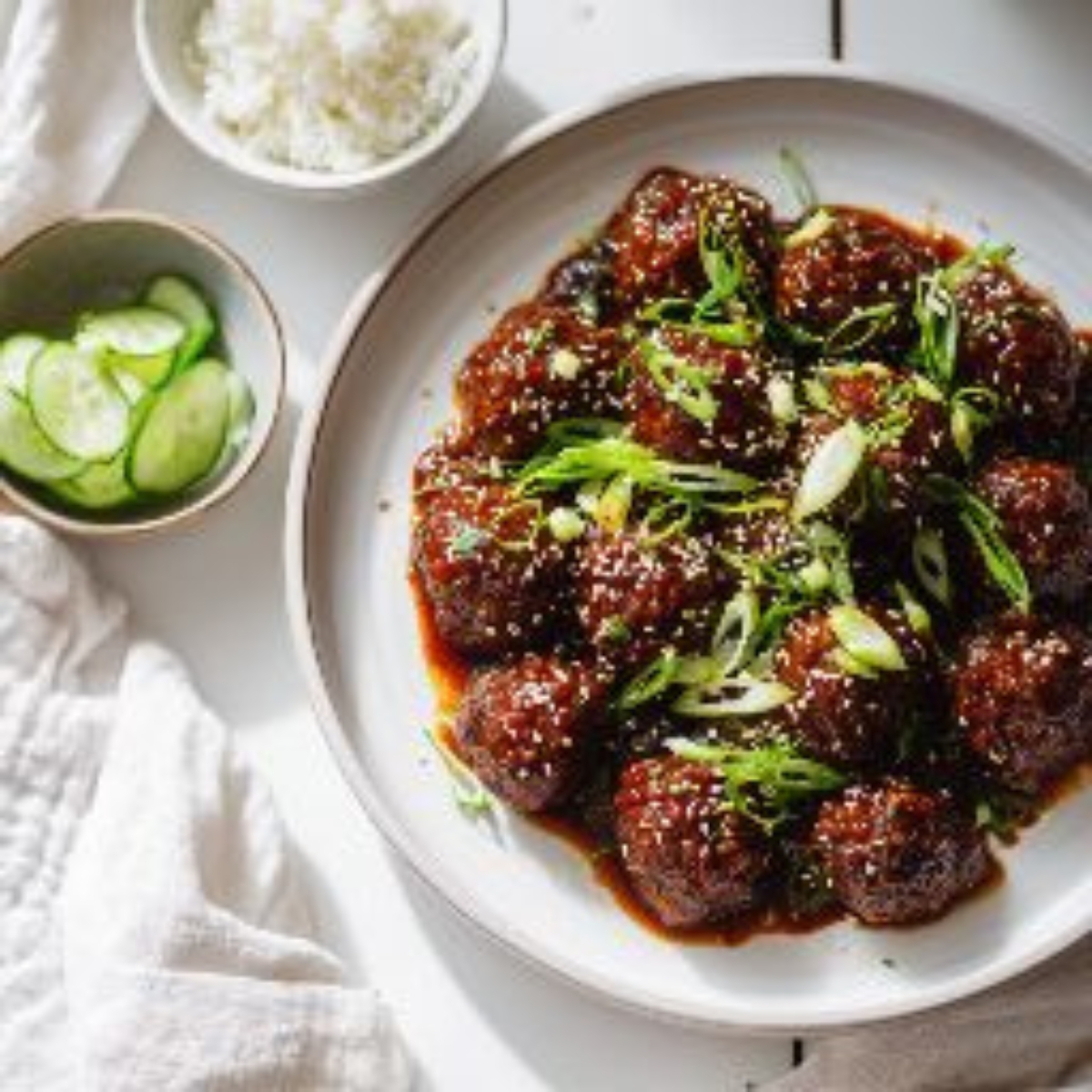 Sticky Korean BBQ meatballs with gochujang glaze and sesame seeds on a white kitchen counter