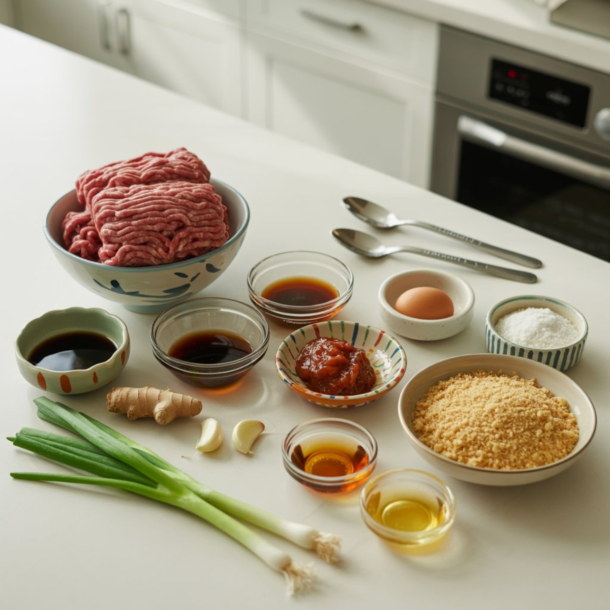 Korean BBQ meatball ingredients on white counter with gochujang, soy sauce, and ground beef