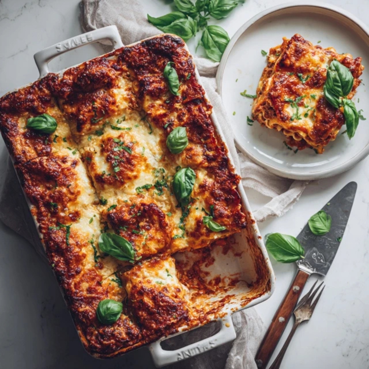 Lazy lasagna with melted cheese and basil on a white kitchen counter