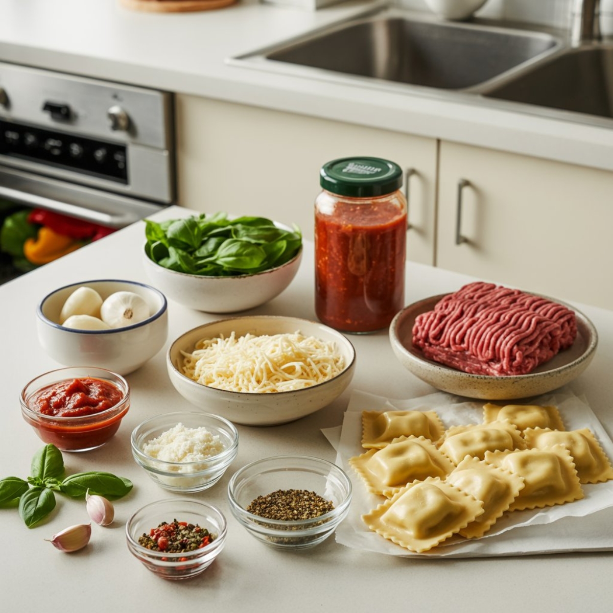 Lazy lasagna ingredients including ravioli, cheese, sauce, and beef on a white kitchen counter