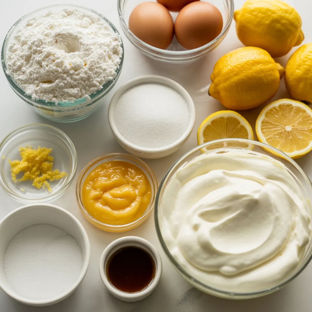 lemon cloud cake ingredients in bowls on white kitchen counter