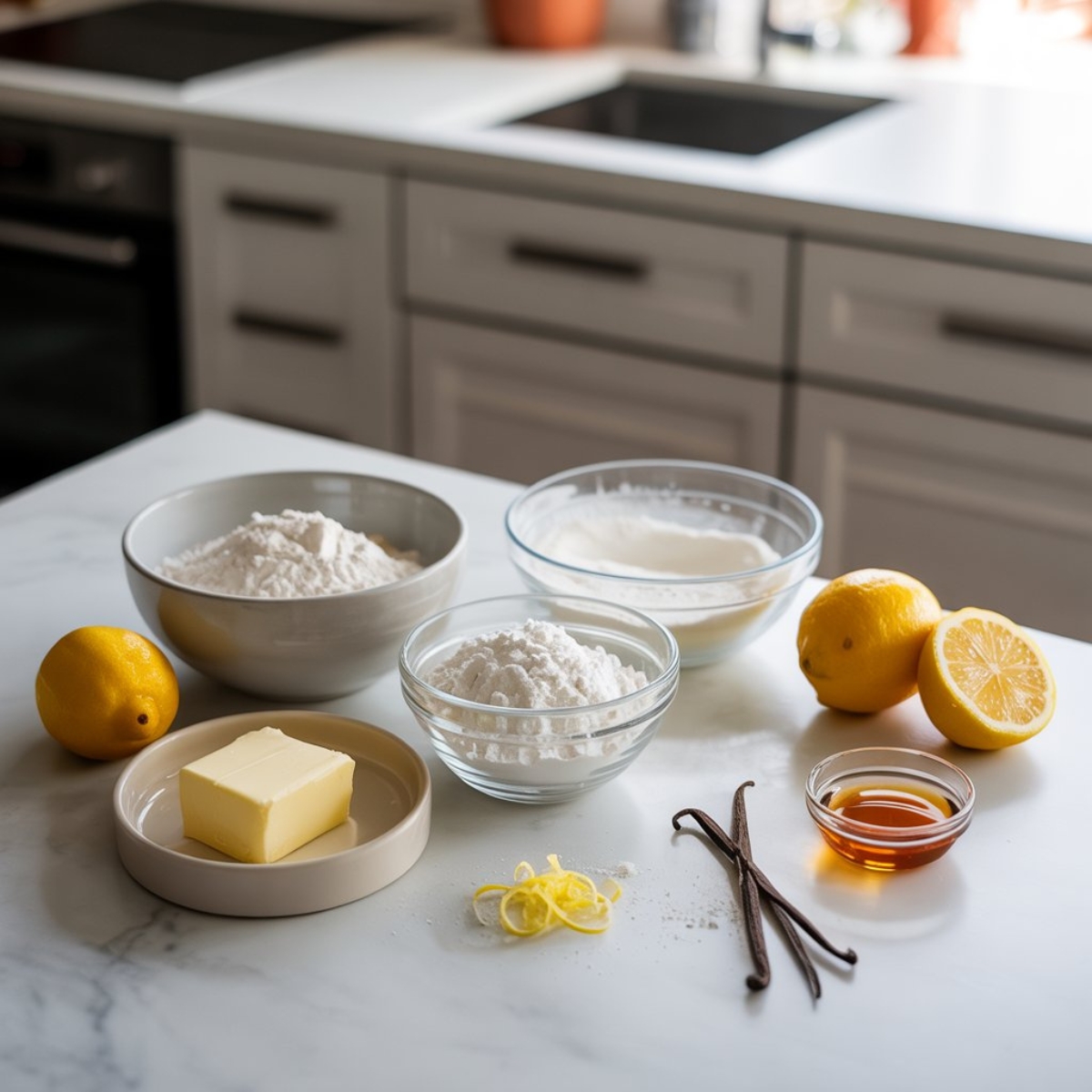 Lemon meltaway cookie ingredients arranged on white kitchen counter